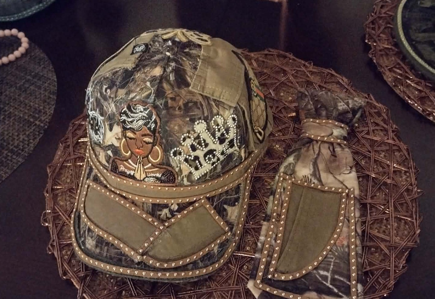 Customized fedora hats, or  ball Caps  with matching ties and hobo handbags.